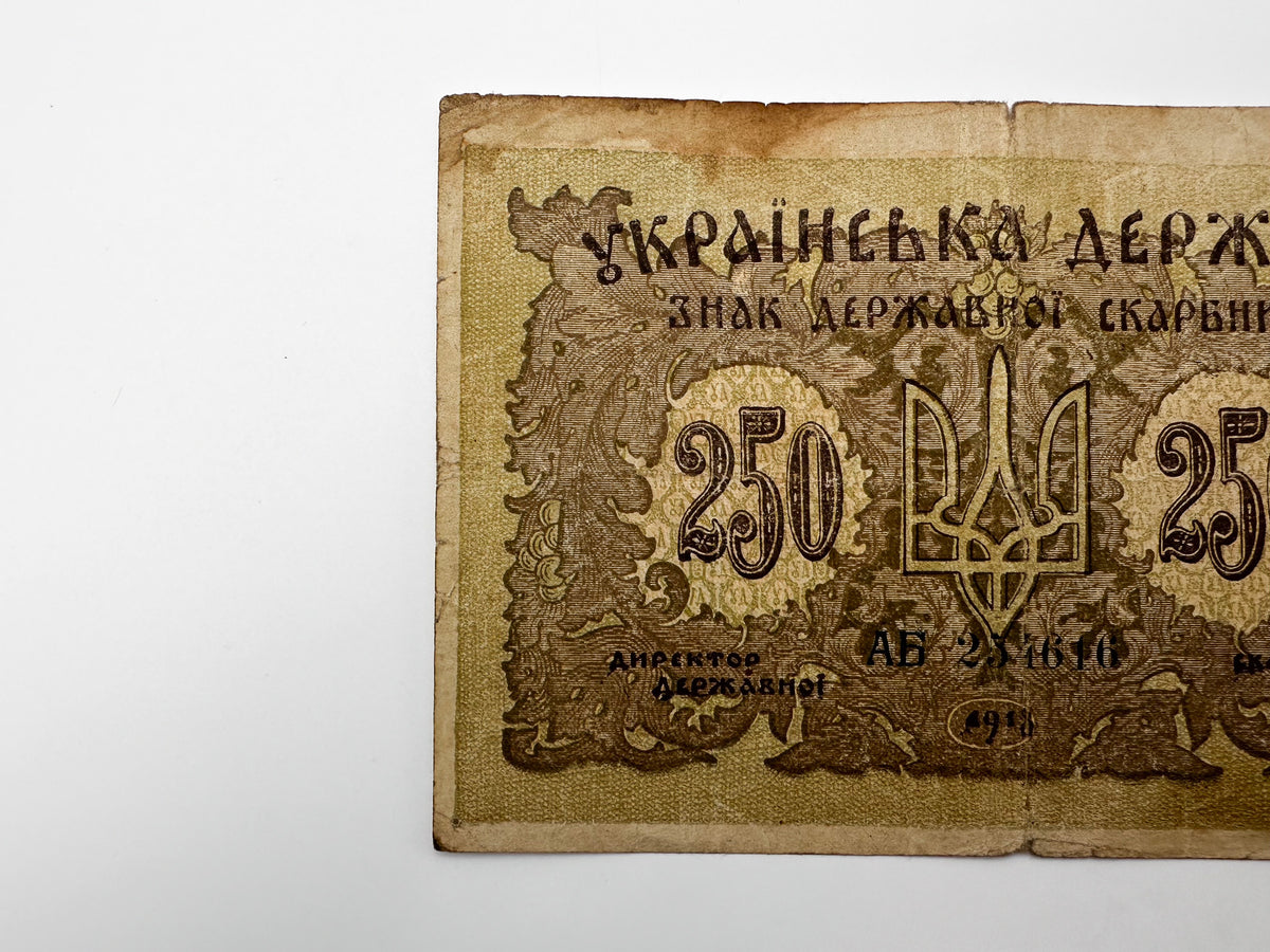 1918 Ukrainian State 250 Karbovantsiv Banknote | Vintage Ukrainian Civil War Era Directorate Currency