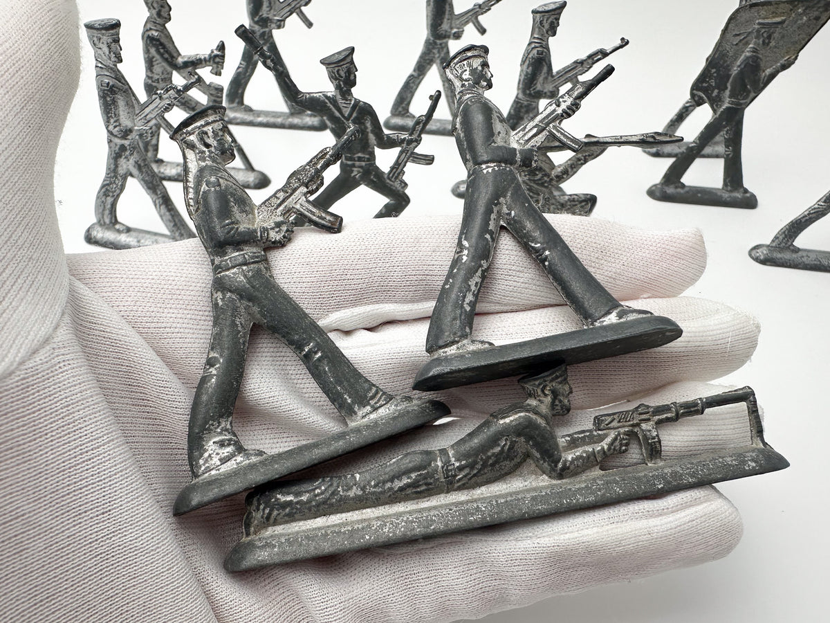 Vintage Soviet Revolutionary Sailors Metal Toy Soldiers Lot | USSR Flat Figures Action Set of 14