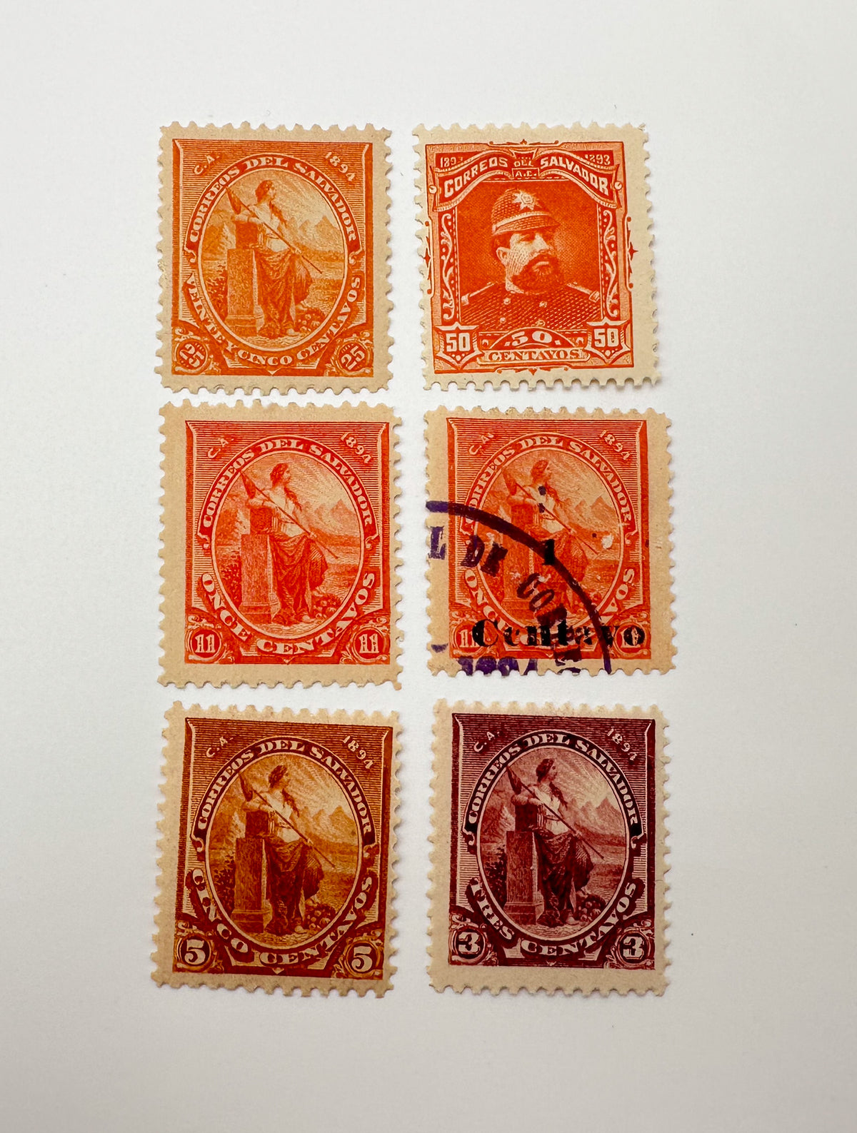 1890–1895 El Salvador Postage Stamps Collection | Vintage Antique Central America President & Justice Allegory Set of 25 MH Cancelled