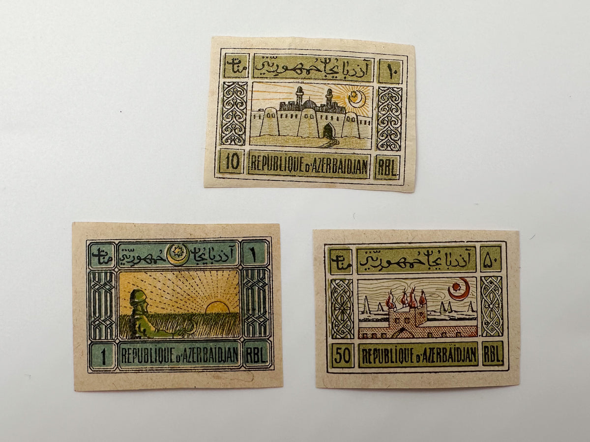 1919–1922 Azerbaijan ADR & Soviet Republic Postage Stamps Collection | Vintage Maiden Tower & Famine Relief Set of 17 MH