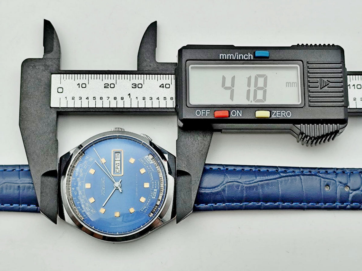 Vintage RAKETA College 2628 Perpetual Calendar Watch | Rare Blue Dial Post-USSR Multi-Year Day/Date Men's Wristwatch
