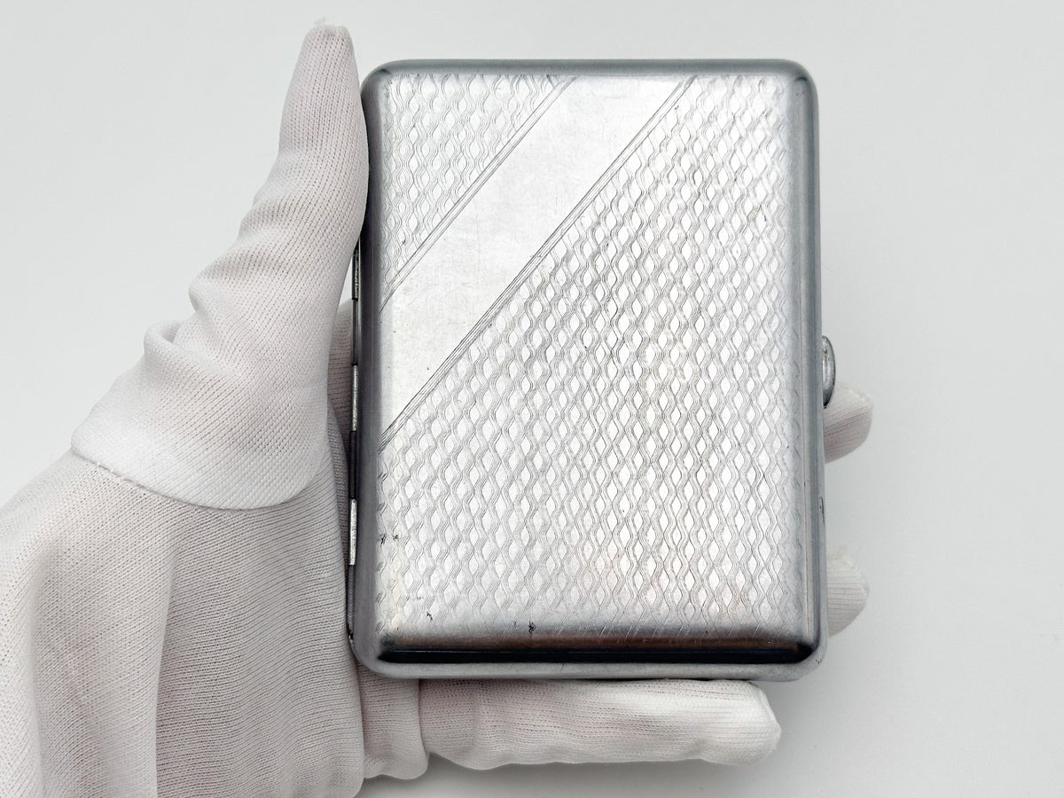 Vintage Geometric Guilloche Soviet Cigarette Case | Rare Metallodetal Plant M.M.P. USSR Silver Tone Diagonal Metal Tobacciana