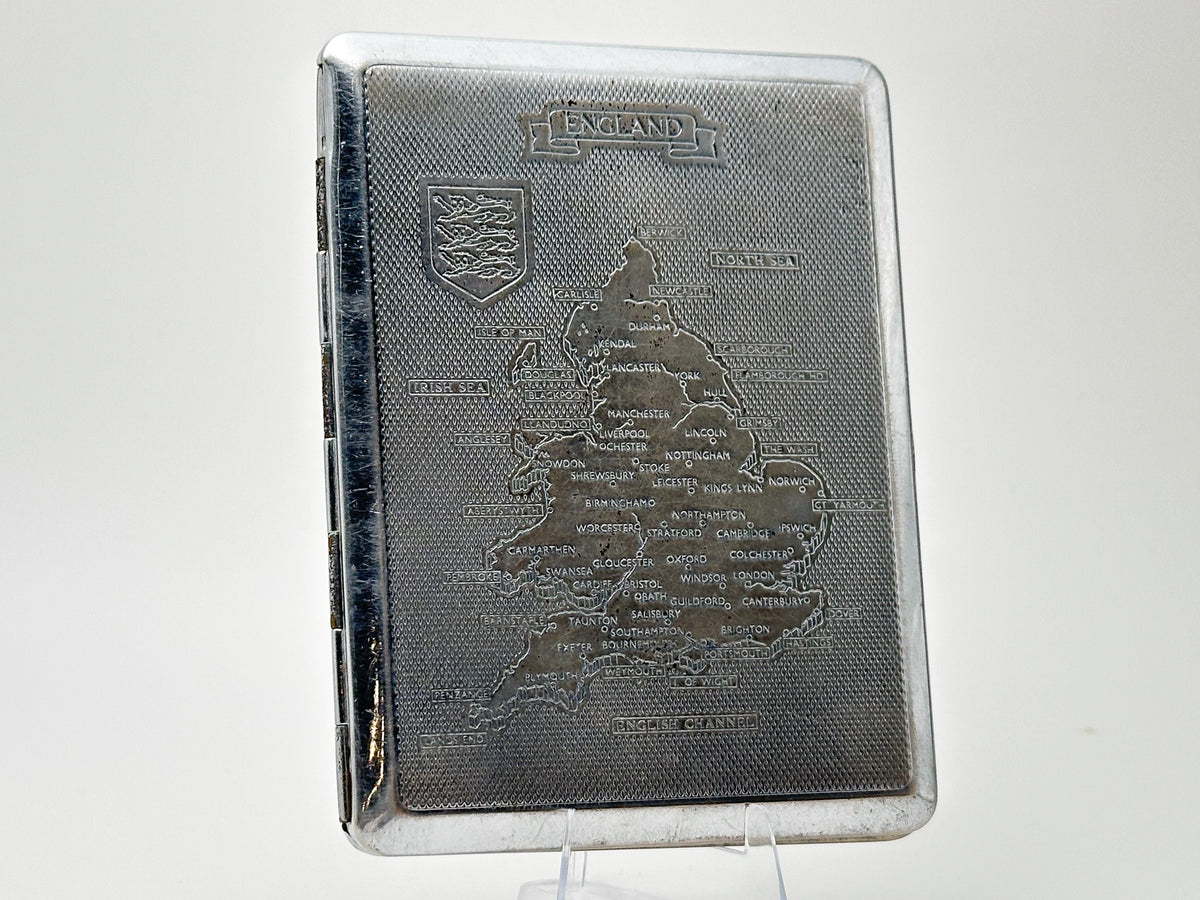 Vintage England Map Cigarette Case | Kincraft Brand Engraved Shield Pocket Box British Tobacciana