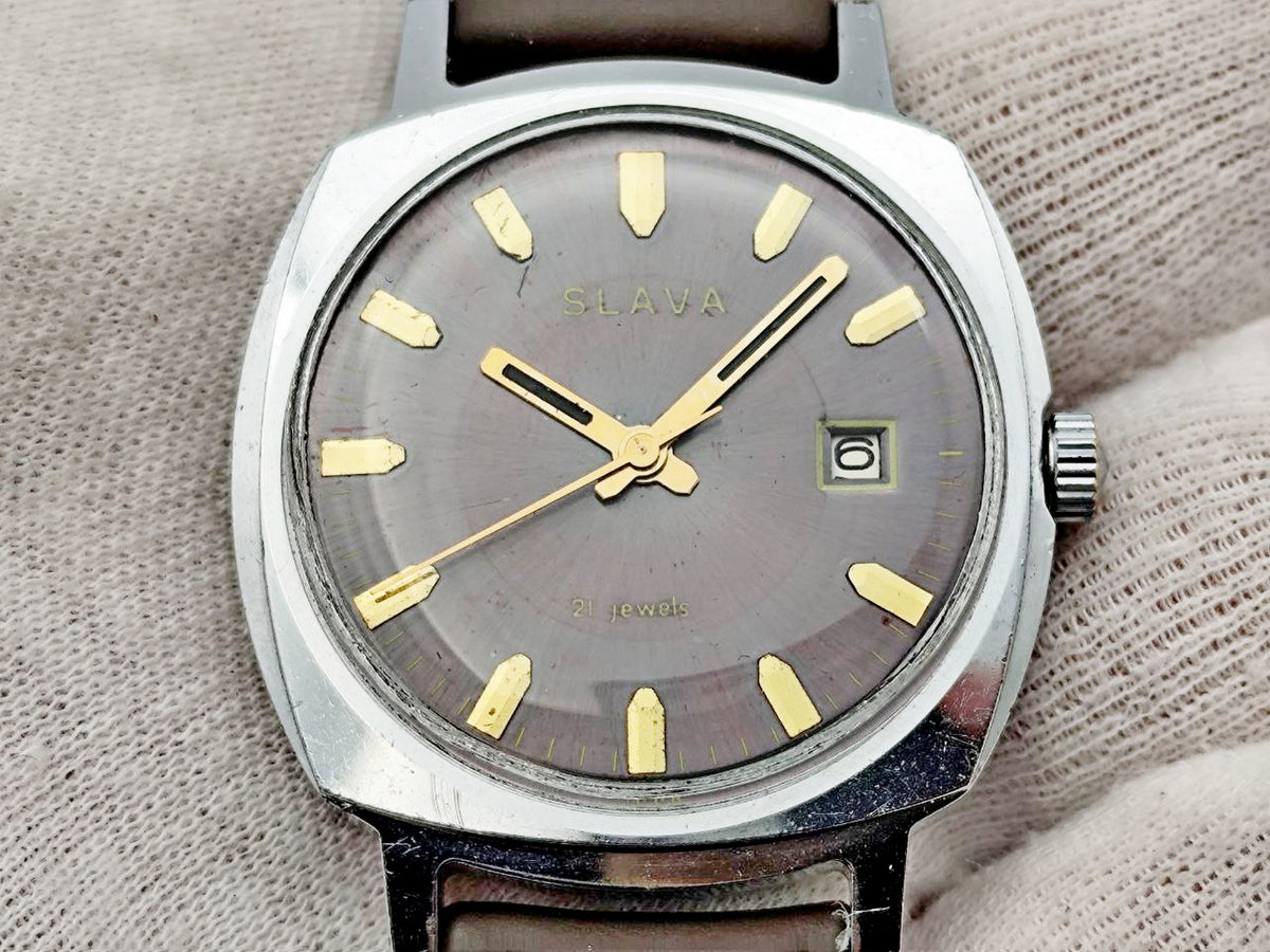 Vintage SLAVA 2414 SU Soviet Mechanical Watch | 21 Jewels USSR Calendar 2ChZ Brown Leather Band Men's Wristwatch