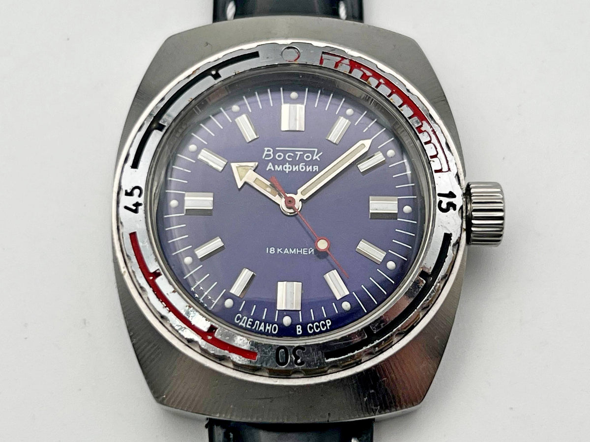 Vintage WOSTOK Amphibian Barrel 2209 Soviet Mechanical Watch VOSTOK | USSR Diver Blue Dial 18 Jewels 200m Men's Wristwatch