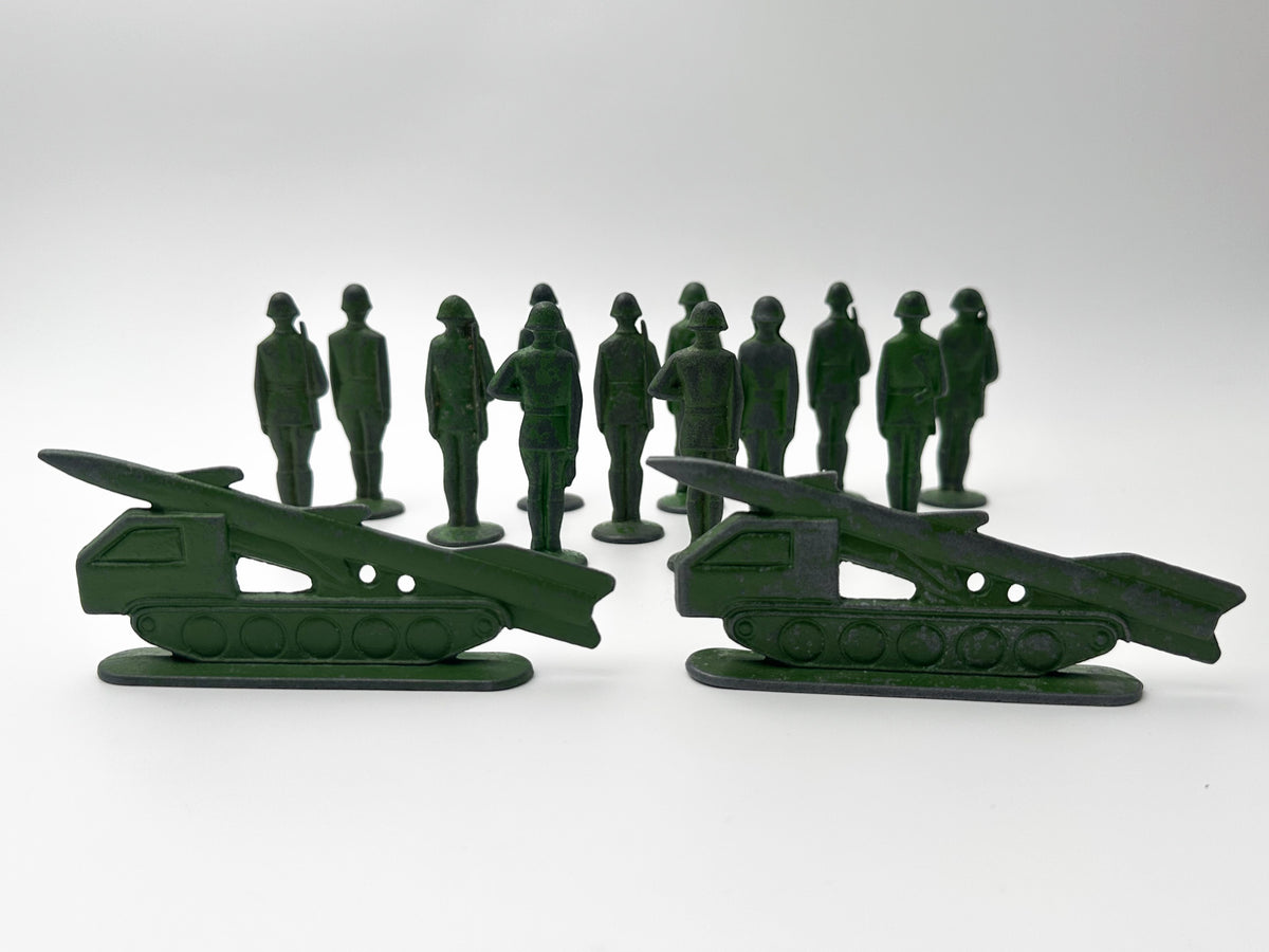 Vintage Soviet Metal Toy Soldiers and Missile Launchers Lot | USSR Cast Figures Green Army Set of 14