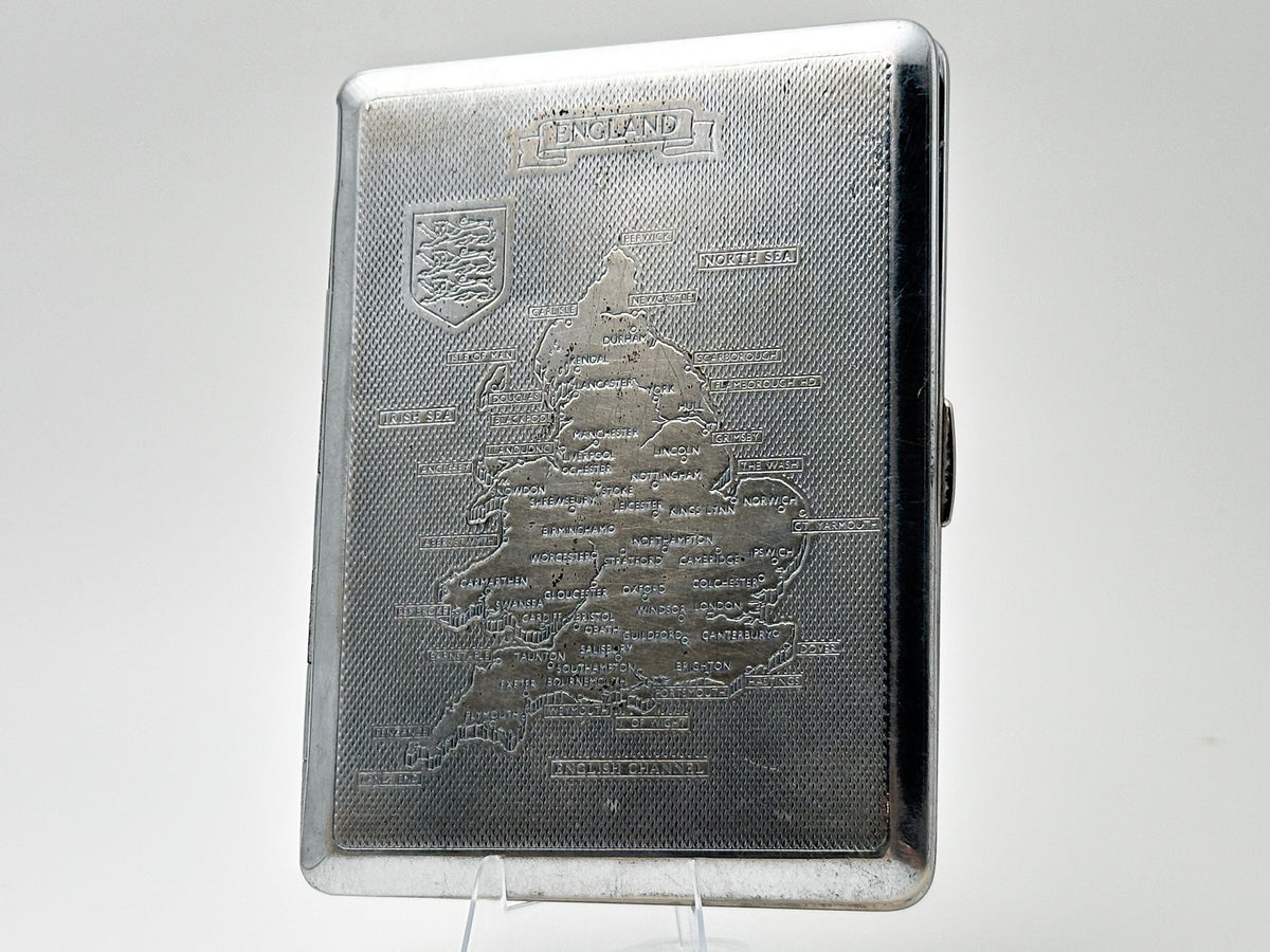 Vintage England Map Cigarette Case | Kincraft Brand Engraved Shield Pocket Box British Tobacciana