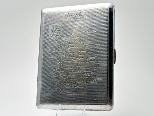 Vintage England Map Cigarette Case | Kincraft Brand Engraved Shield Pocket Box British Tobacciana