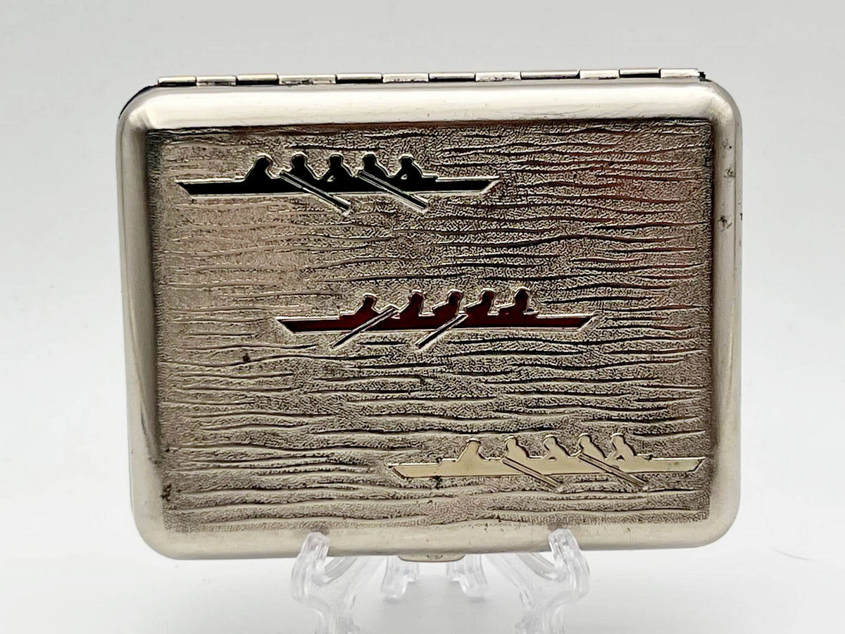 Vintage Rowing Canoeing Cigarette Case | Lenemalier Artel Enamel Pocket Box Soviet Tobacciana USSR