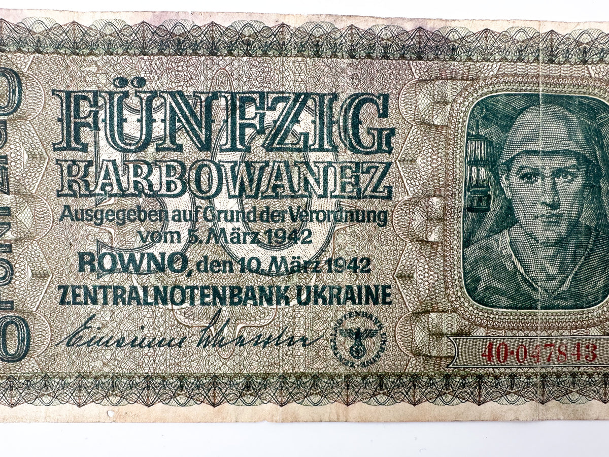 1942 WWII German Issue Ukraine 50 Karbowanez Banknote | Vintage Rowno Central Bank Note | Historic Currency