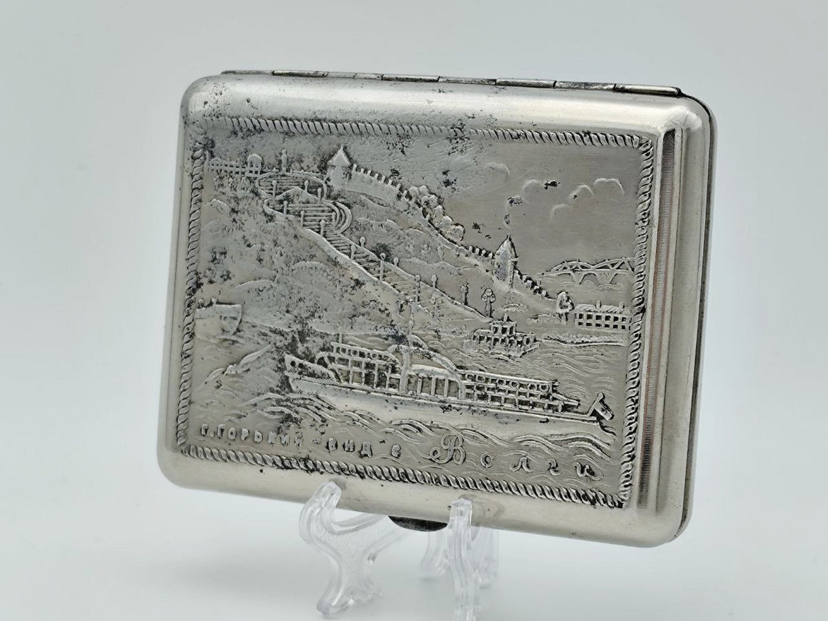 Vintage Cigarette Case Gorky City Volga View | Metal Pocket Box Soviet Tobacciana USSR