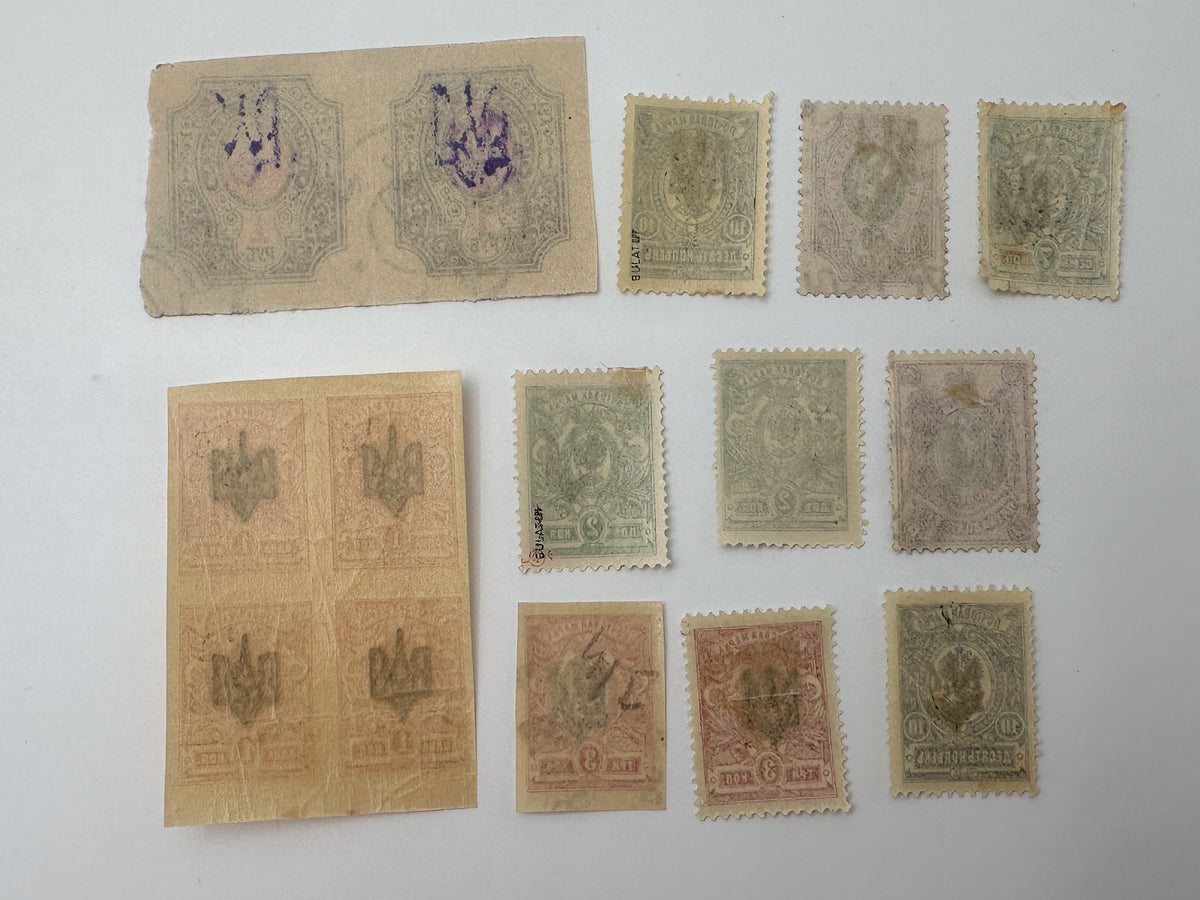 1918–1920 Ukrainian People's Republic Postage Stamps Collection | Vintage Trident Overprint Blocks & Pairs Set of 31 MH Cancelled