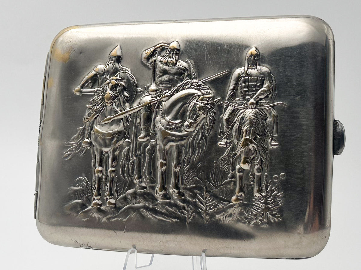 Vintage "Three Bogatyrs" Soviet Cigarette Case | Rare Mosshtamp Factory USSR Embossed Knights Metal Tobacciana