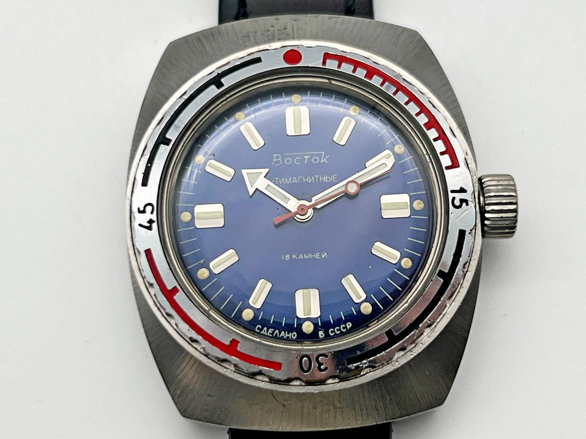 Vintage VOSTOK WOSTOK Amphibian Barrel 2209 Antimagnetic Soviet Mechanical Watch | USSR Diver Blue Dial 18 Jewels 200m Men's Wristwatch