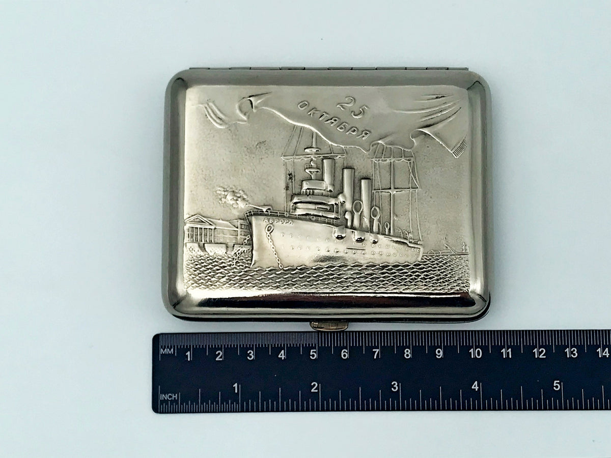 Vintage Cruiser Aurora Cigarette Case | 25 Years of October Relief Pocket Box Soviet Tobacciana USSR