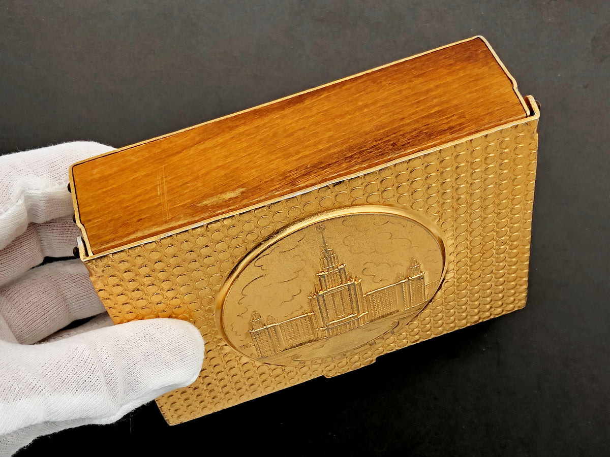 Vintage Cigarette Case Moscow State University |  Wood Aluminum Trinket Box Soviet Tobacciana USSR