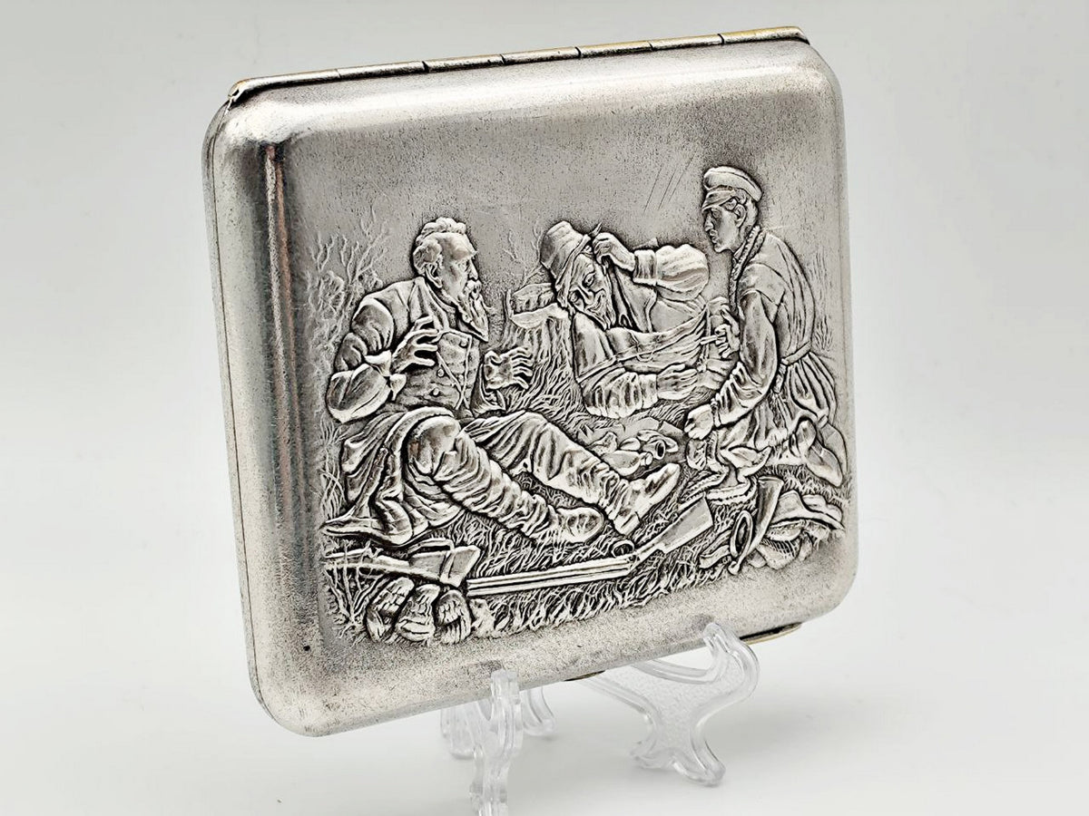 Vintage Hunters at Rest Perov Cigarette Case | Painting Relief Engraved Pocket Box Soviet Tobacciana USSR