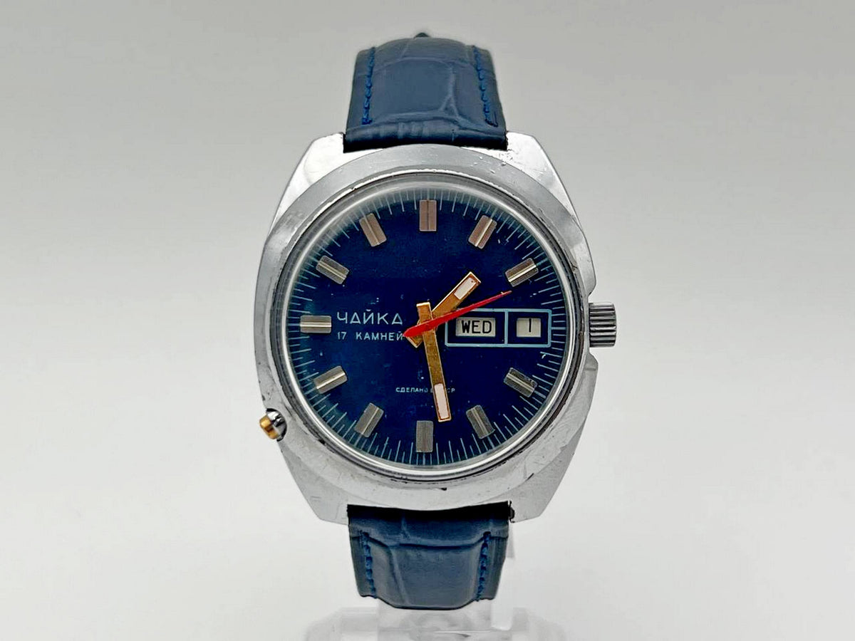 Vintage CHAYKA 2628 Soviet Mechanical Watch | Rare Blue Dial 17 Jewels USSR Dust-Proof Double-Calendar Men's Wristwatch