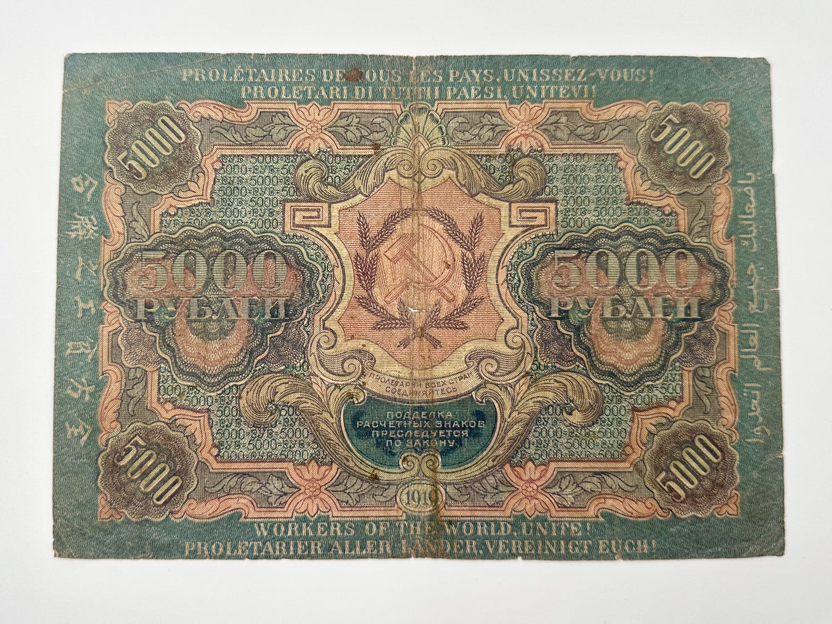 1919 RSFSR Soviet Russia 5000 Rubles Banknote | Vintage Civil War | Multilingual Slogan Paper Currency