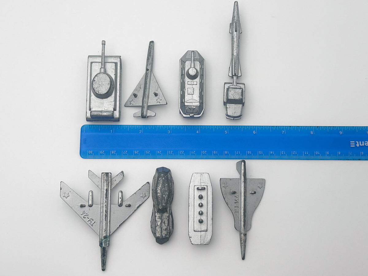 Set of 8 Vintage Soviet Military Miniatures | USSR Metal Micro Toy Vehicles & Planes Lot