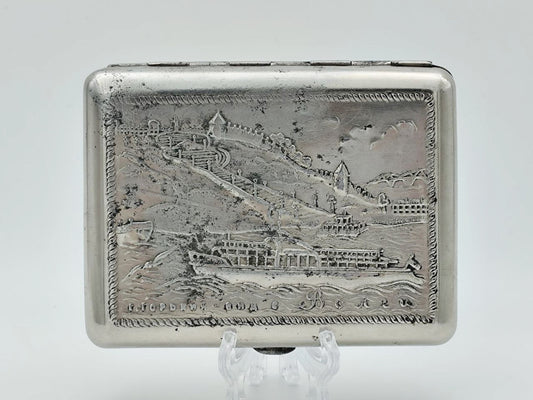 Vintage Cigarette Case Gorky City Volga View | Metal Pocket Box Soviet Tobacciana USSR