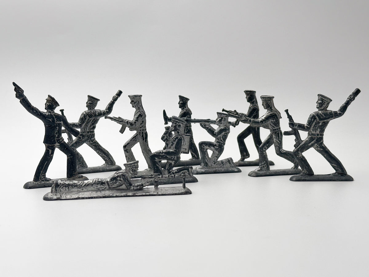 Vintage Soviet Revolutionary Sailors Metal Toy Soldiers Lot | USSR Flat Figures Combat Set of 10