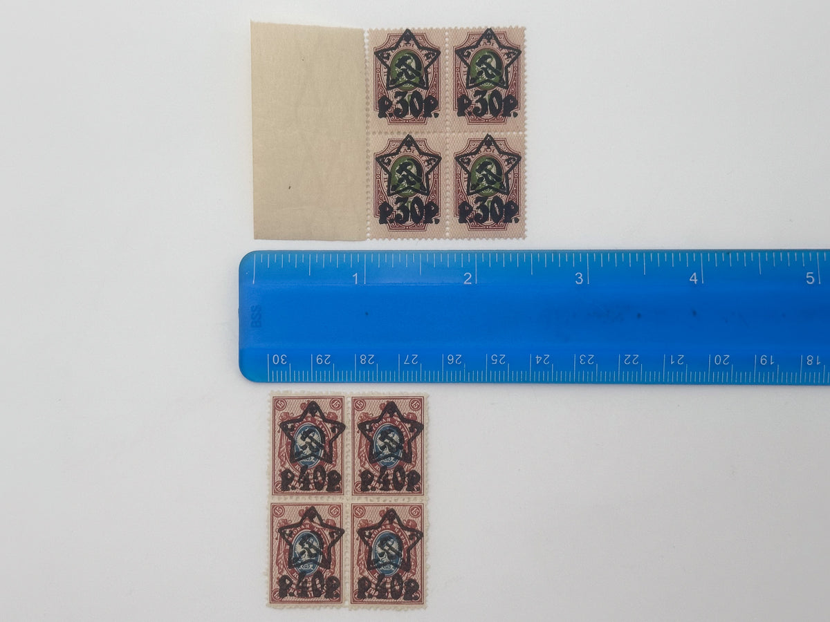 1922–1923 RSFSR Postage Stamps Collection | Vintage Early Soviet Star Surcharge Quarter Blocks Set of 28 MH Cancelled