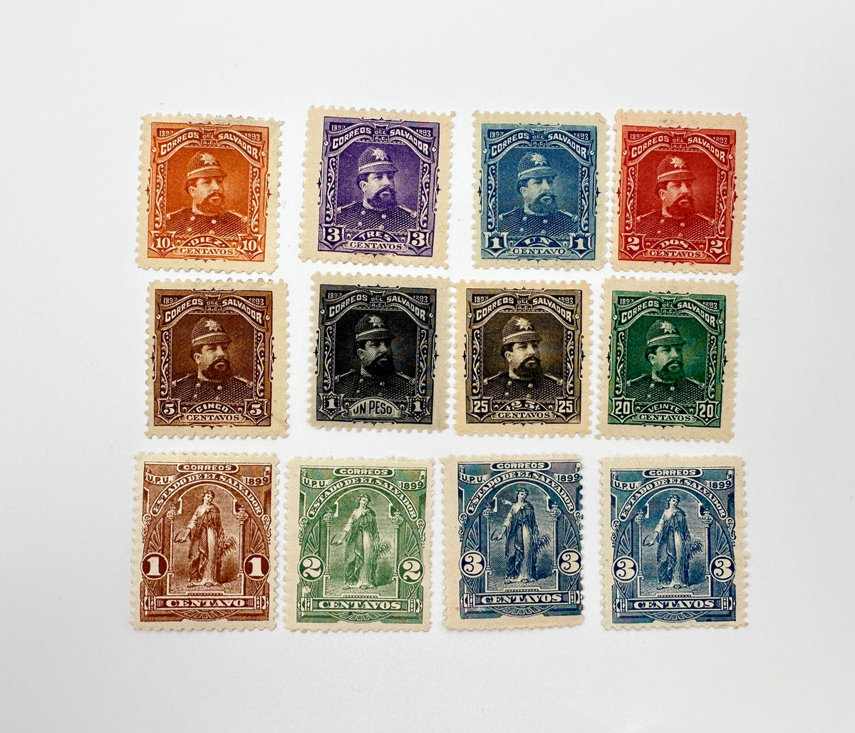 1890–1895 El Salvador Postage Stamps Collection | Vintage Antique Central America President & Justice Allegory Set of 25 MH Cancelled