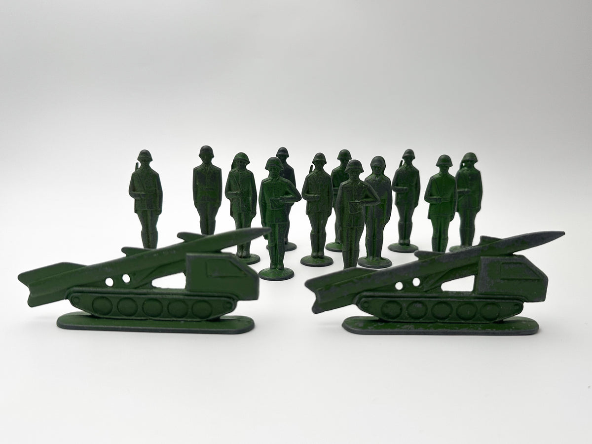Vintage Soviet Metal Toy Soldiers and Missile Launchers Lot | USSR Cast Figures Green Army Set of 14