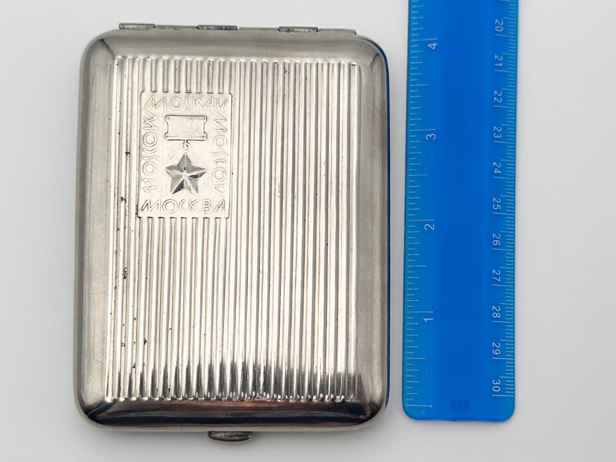 Vintage "Moscow Star" Soviet Cigarette Case | USSR Multilingual Moskva Striped Metal Tobacciana Souvenir