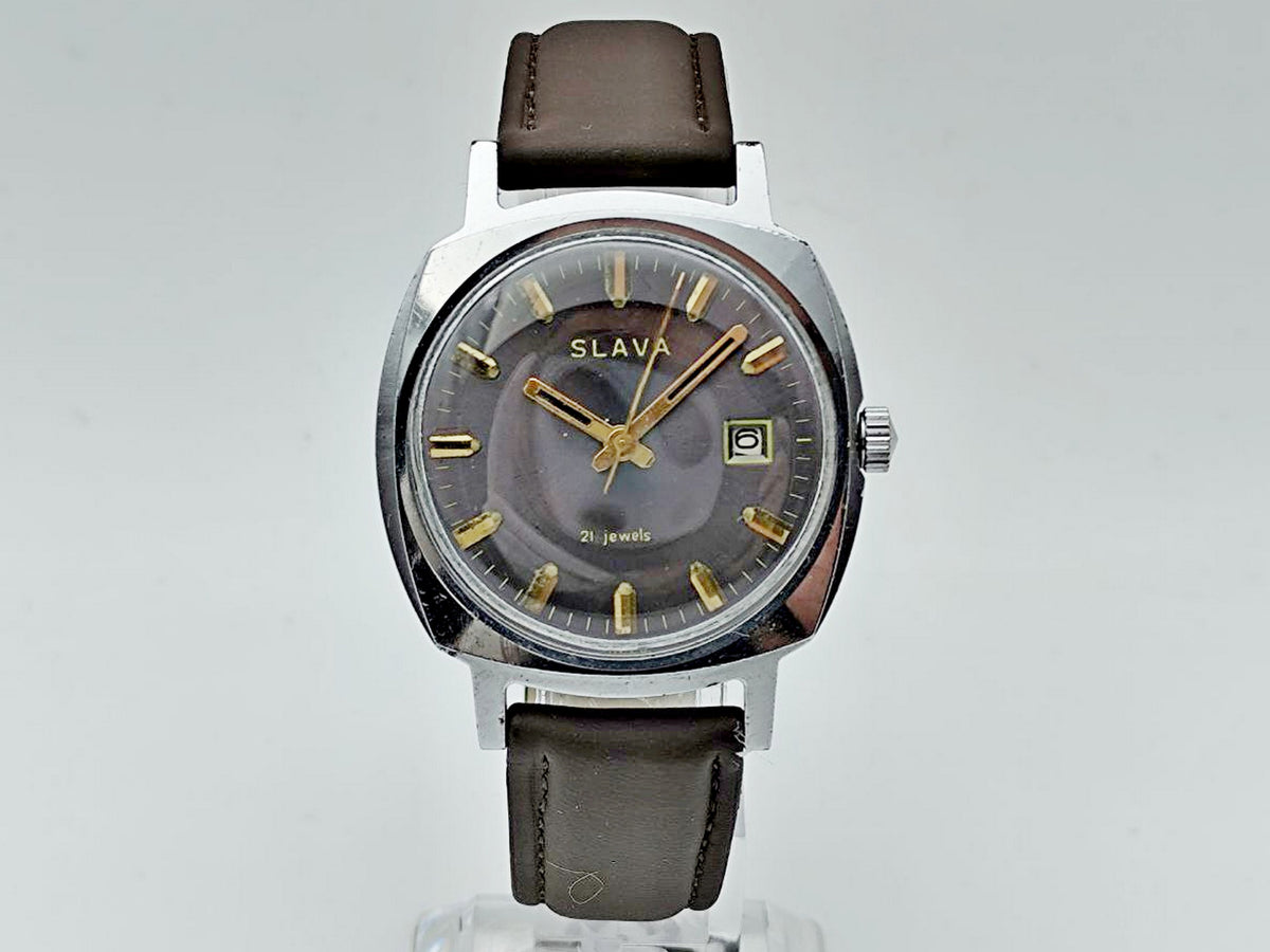 Vintage SLAVA 2414 SU Soviet Mechanical Watch | 21 Jewels USSR Calendar 2ChZ Brown Leather Band Men's Wristwatch