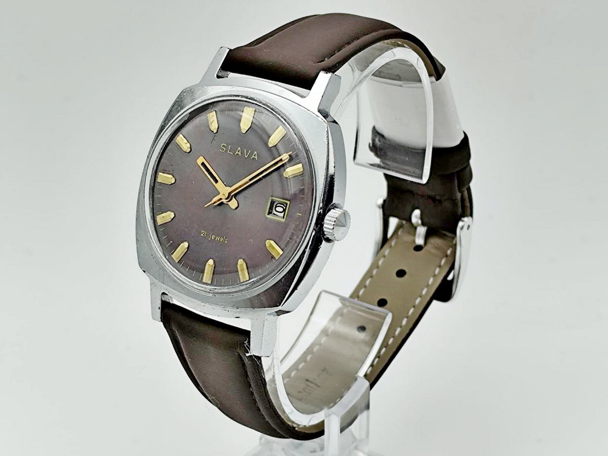 Vintage SLAVA 2414 SU Soviet Mechanical Watch | 21 Jewels USSR Calendar 2ChZ Brown Leather Band Men's Wristwatch