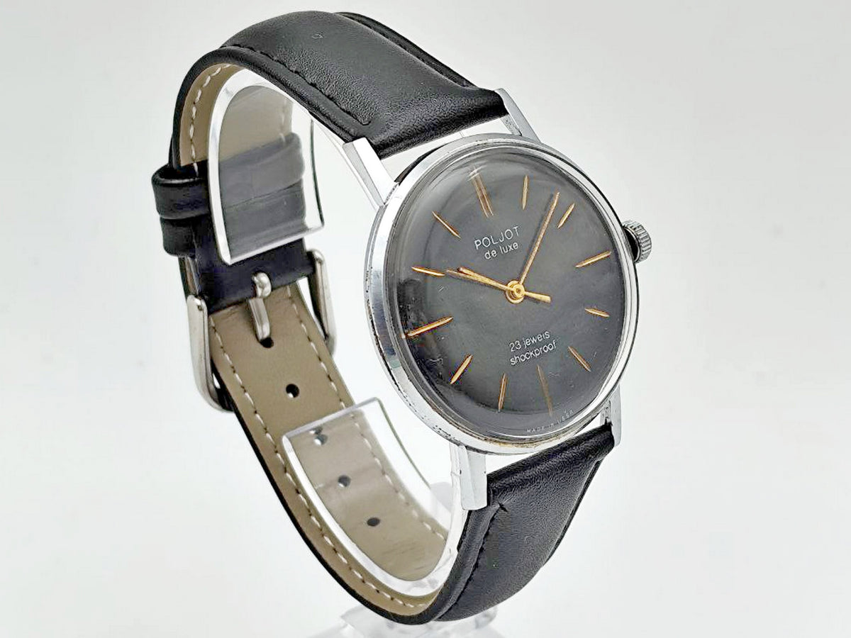 Vintage POLJOT De Luxe 2209 Ultra Slim Soviet Mechanical Watch | Rare Black Dial 23 Jewels USSR Shockproof Men's Dress Watch