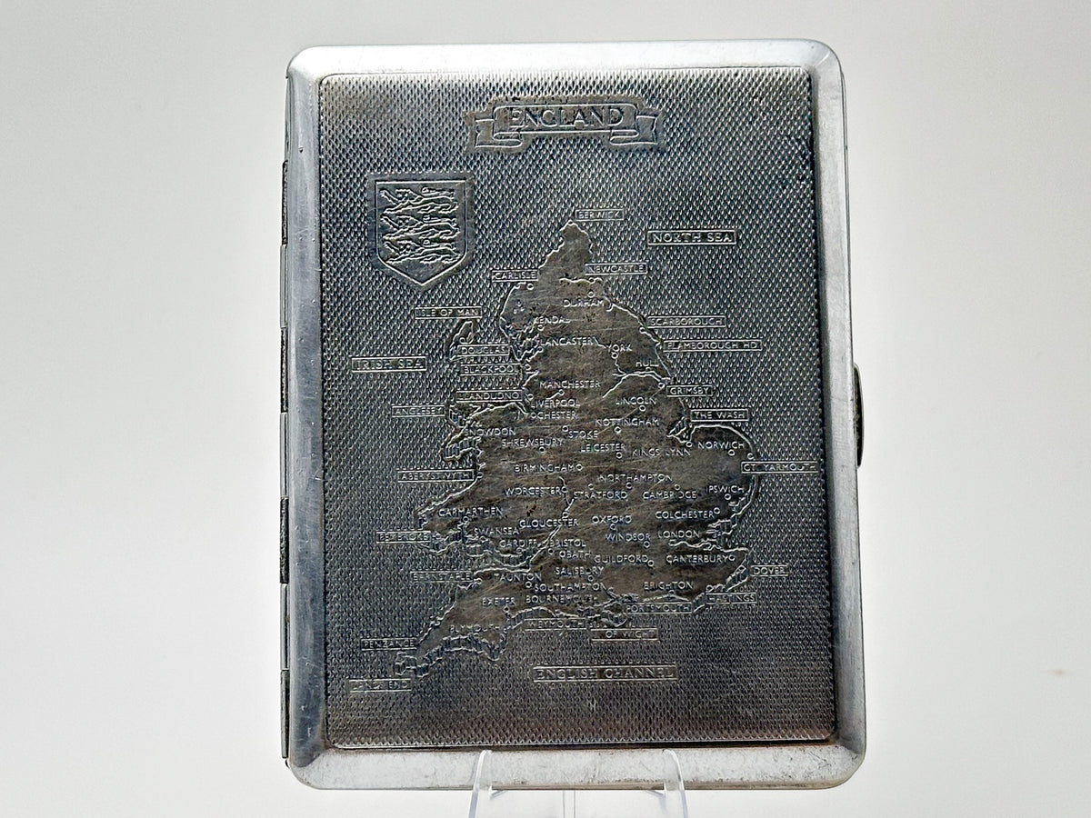 Vintage England Map Cigarette Case | Kincraft Brand Engraved Shield Pocket Box British Tobacciana