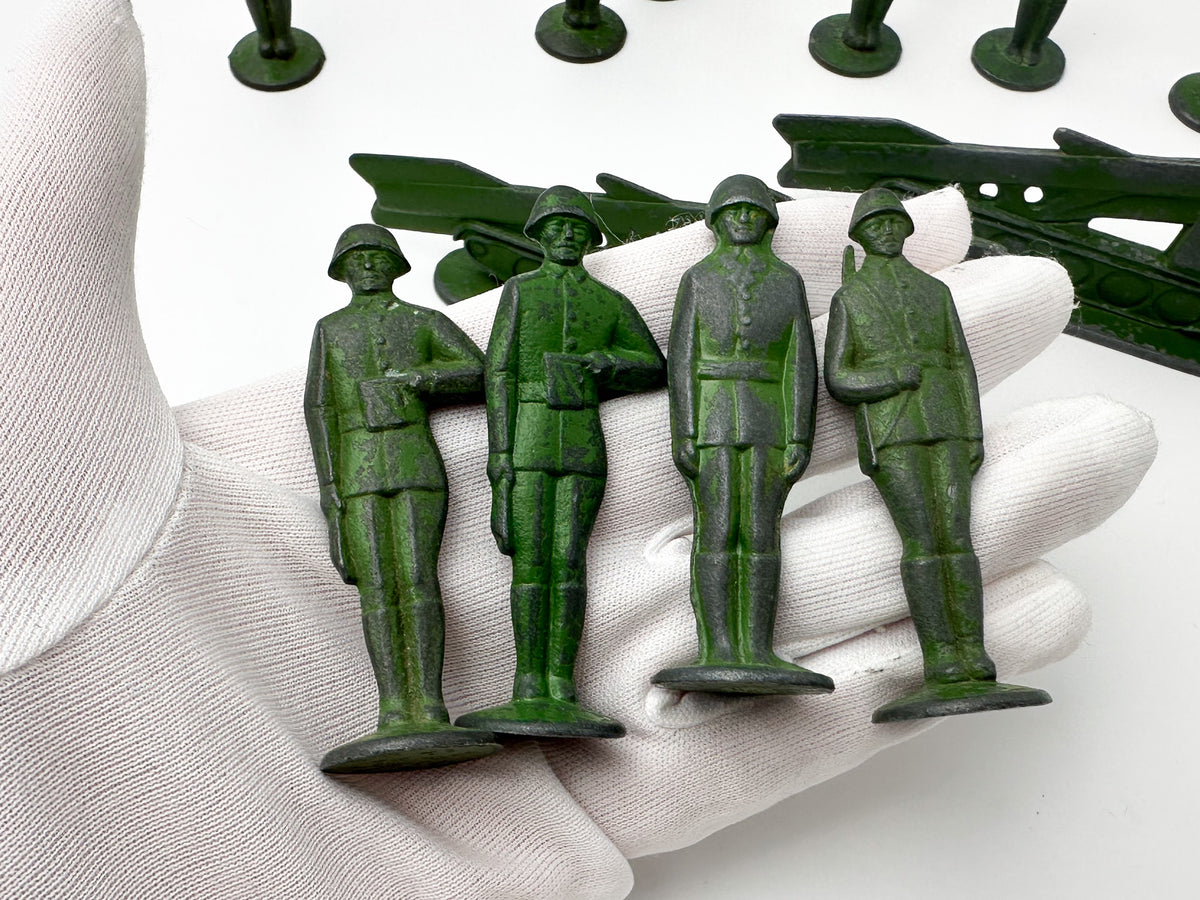 Vintage Soviet Metal Toy Soldiers and Missile Launchers Lot | USSR Cast Figures Green Army Set of 14