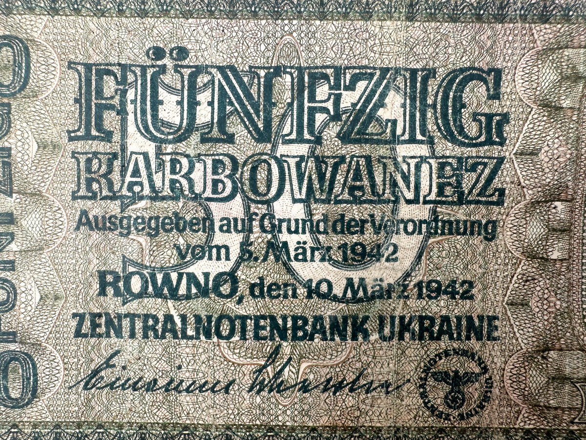 1942 WWII German Issue Ukraine 50 Karbowanez Banknote | Vintage Rowno Central Bank Note | Historic Currency
