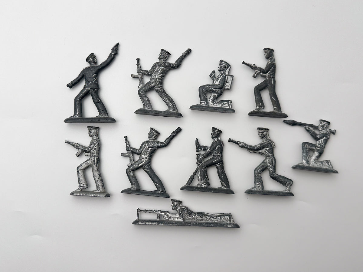 Vintage Soviet Revolutionary Sailors Metal Toy Soldiers Lot | USSR Flat Figures Combat Set of 10
