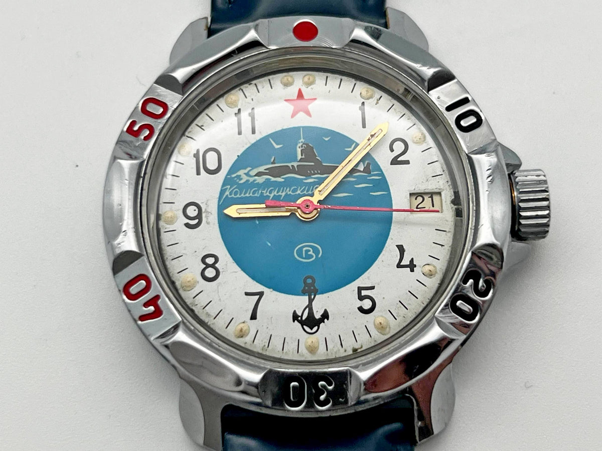 Vintage WOSTOK Komandirskie Submarine 2414 Soviet Mechanical Watch VOSTOK | USSR Military Submarine Blue Dial 17 Jewels