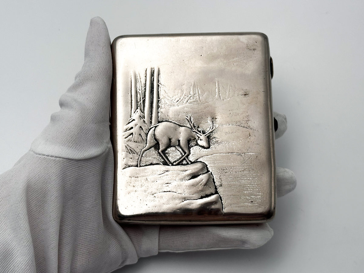 Cigarette Case Deer in Forest Vintage Soviet | Artel Mosyuvelir Cupronickel Tobacciana USSR