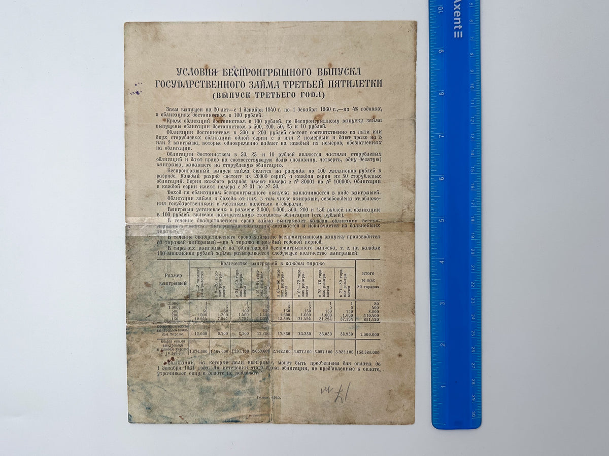 1940 USSR Third Five-Year Plan State Loan Bonds Set | Vintage Soviet 10, 25, 50, 100 Rubles | 4 Pcs