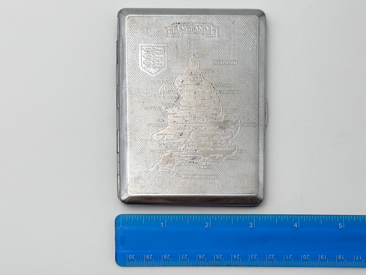Vintage England Map Cigarette Case | Kincraft Brand Engraved Shield Pocket Box British Tobacciana