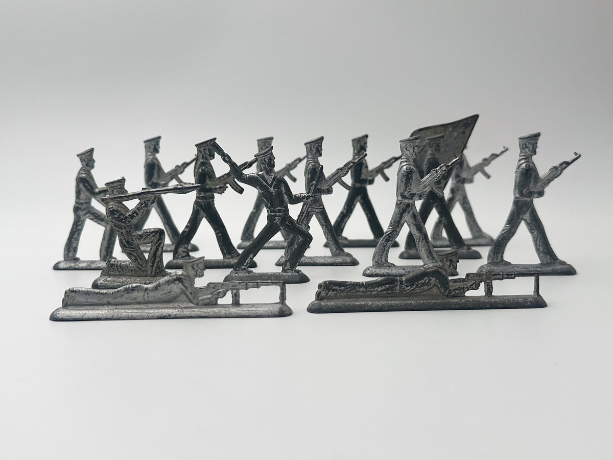 Vintage Soviet Revolutionary Sailors Metal Toy Soldiers Lot | USSR Flat Figures Action Set of 14