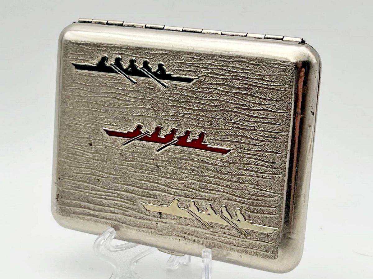 Vintage Rowing Canoeing Cigarette Case | Lenemalier Artel Enamel Pocket Box Soviet Tobacciana USSR