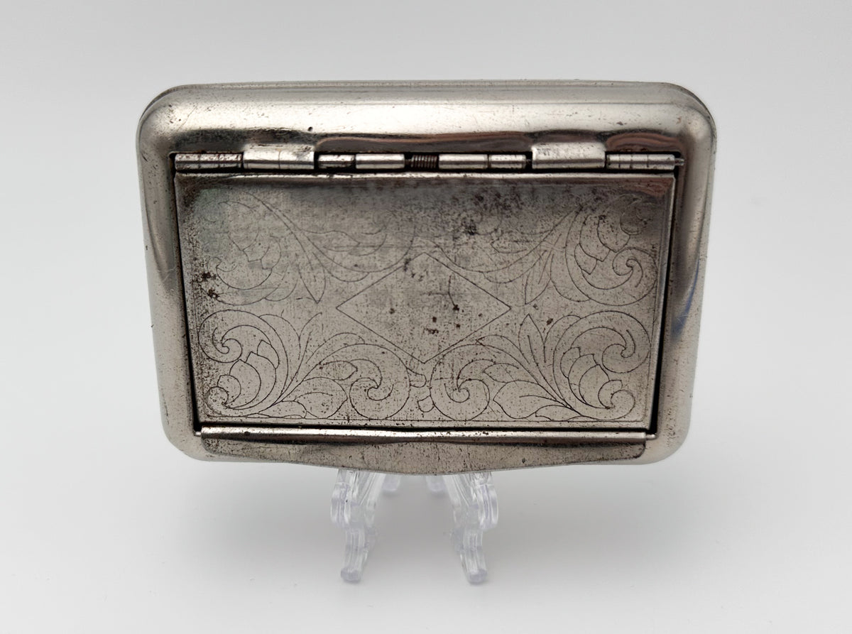 Vintage Floral Engraved Snuffbox | Antique Silver Tone Metal Pocket Snuff Box Tobacciana