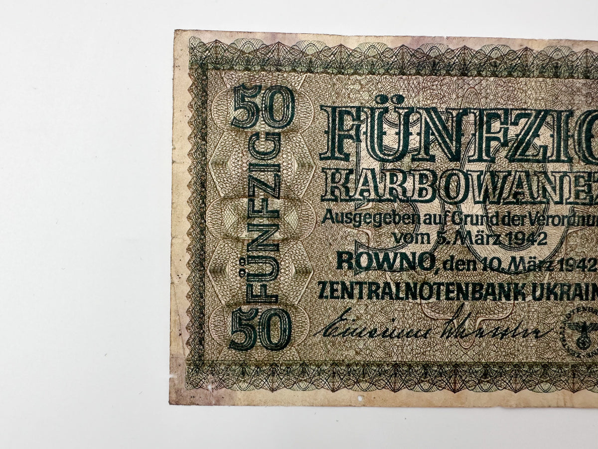 1942 WWII German Issue Ukraine 50 Karbowanez Banknote | Vintage Rowno Central Bank Note | Historic Currency
