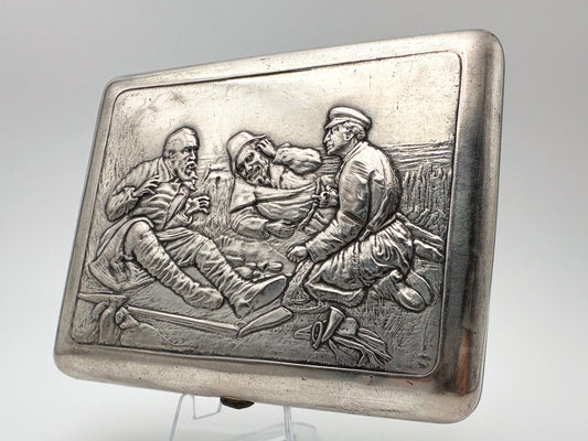 Cigarette Case Hunters at a Rest Vintage Soviet | Perov Metallodetal Melchior Tobacciana USSR
