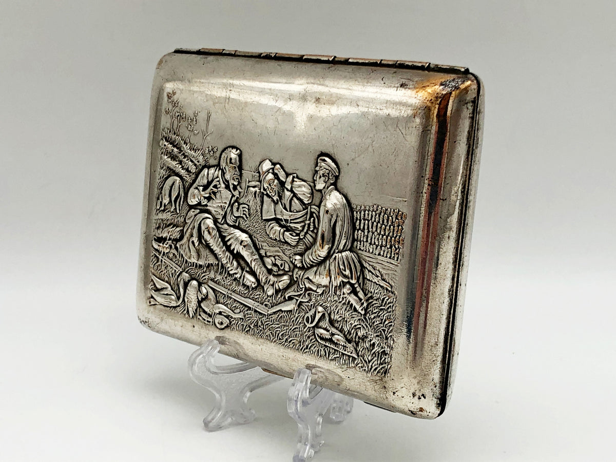Vintage "Hunters at Rest" Soviet Cigarette Case | Rare Perov Painting USSR Embossed Metal Tobacciana Hunting Souvenir
