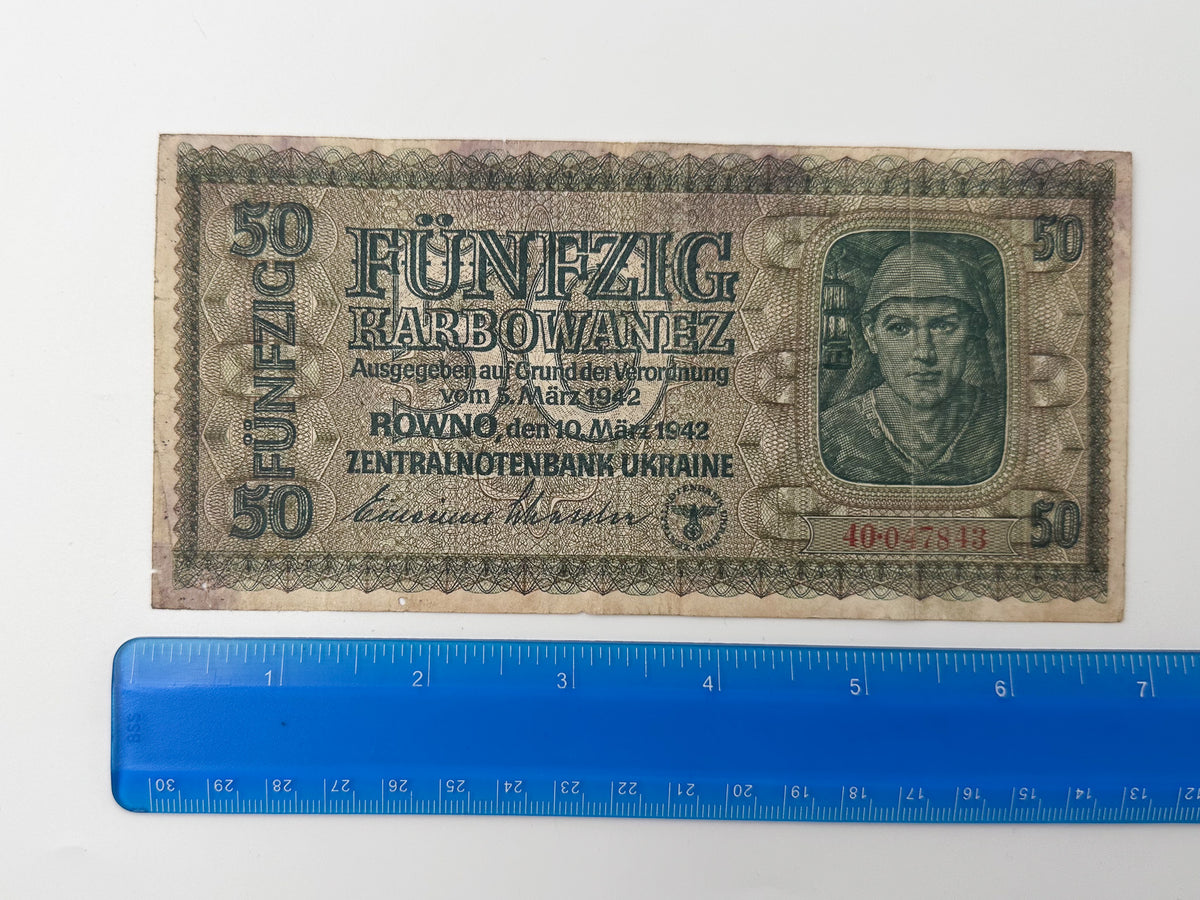 1942 WWII German Issue Ukraine 50 Karbowanez Banknote | Vintage Rowno Central Bank Note | Historic Currency