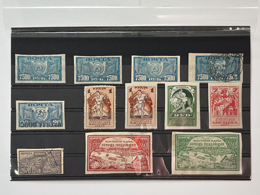 1921–1923 RSFSR & USSR Postage Stamps Collection | Vintage Early Soviet All-Russian Agricultural Exhibition & Famine Relief Set of 12 MH Cancelled
