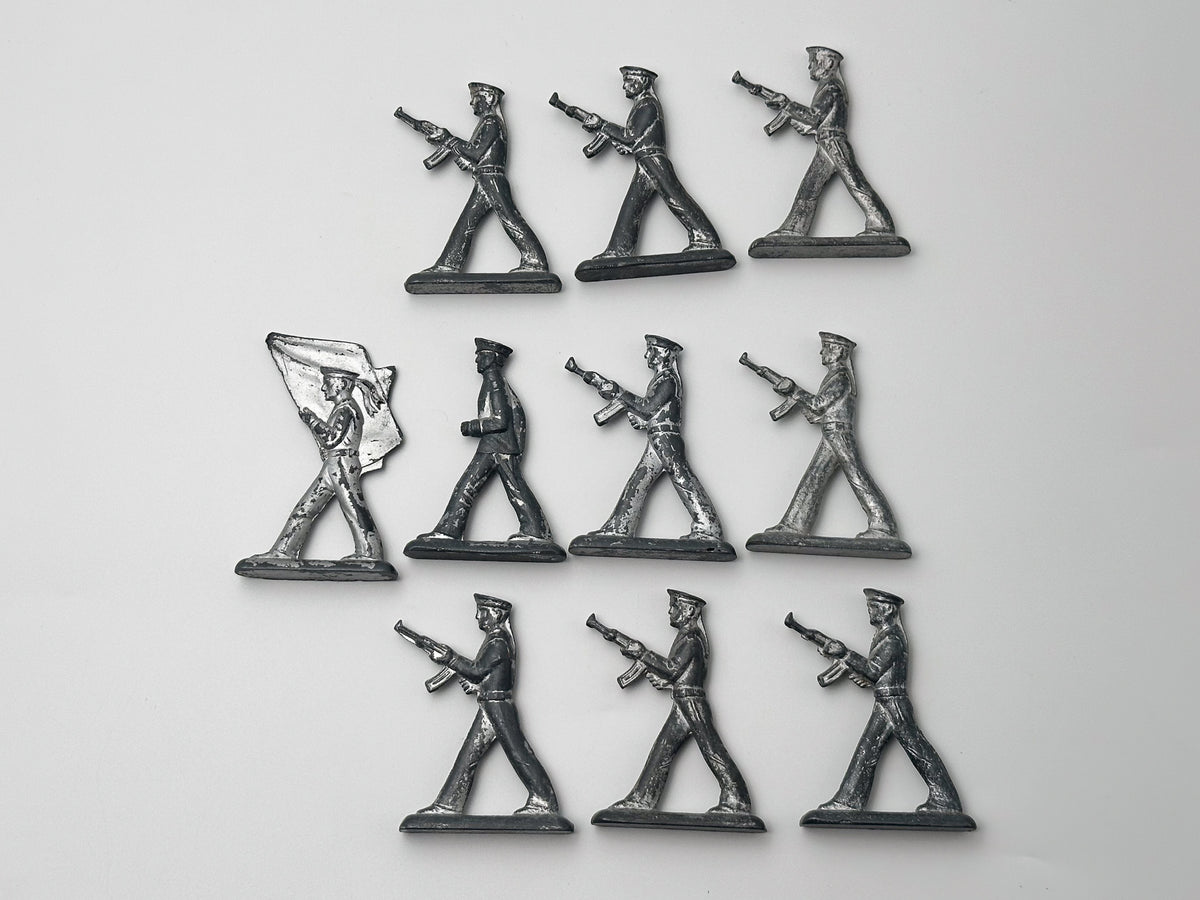 Vintage Soviet Revolutionary Sailors Metal Toy Soldiers Lot | USSR Flat Figures Action Set of 10
